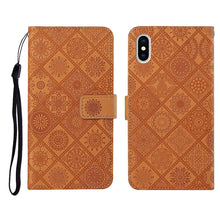 Load image into Gallery viewer, Ethnic Style Embossed Pattern Horizontal Flip Leather Case with Holder &amp; Card Slots &amp; Wallet &amp; Lanyard, For iPhone 12, For iPhone 12 Mini, For iPhone 12 Pro Max, For iPhone SE 2022 / SE 2020 / 8 / 7, For iPhone XR, For iPhone XS Max