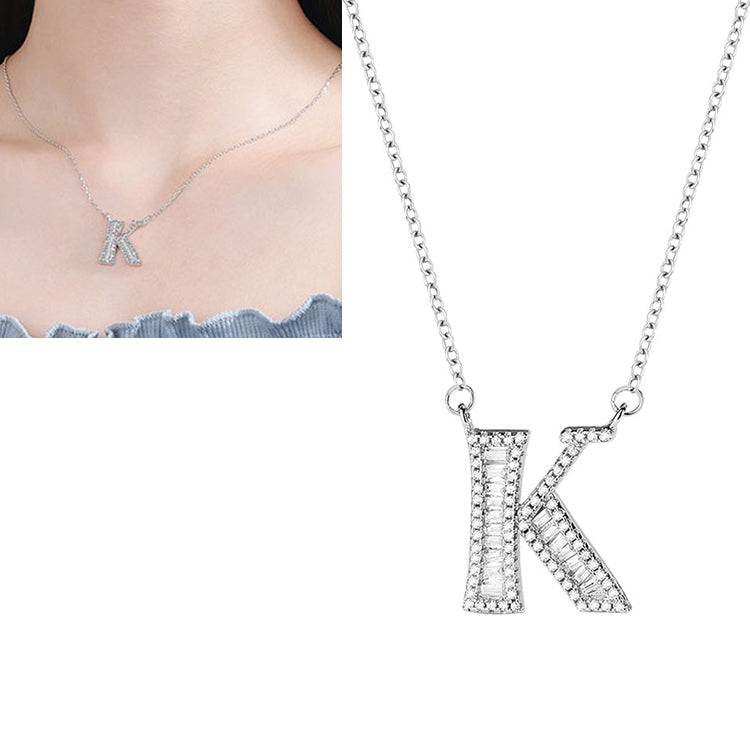 Women Fashion S925 Sterling Silver English Alphabet Pendant Necklace, A, B, C, D, E, F, G, H, I, J, K, L, M, N, O, P, Q, R, S, T, U, V, W, X, Y, Z