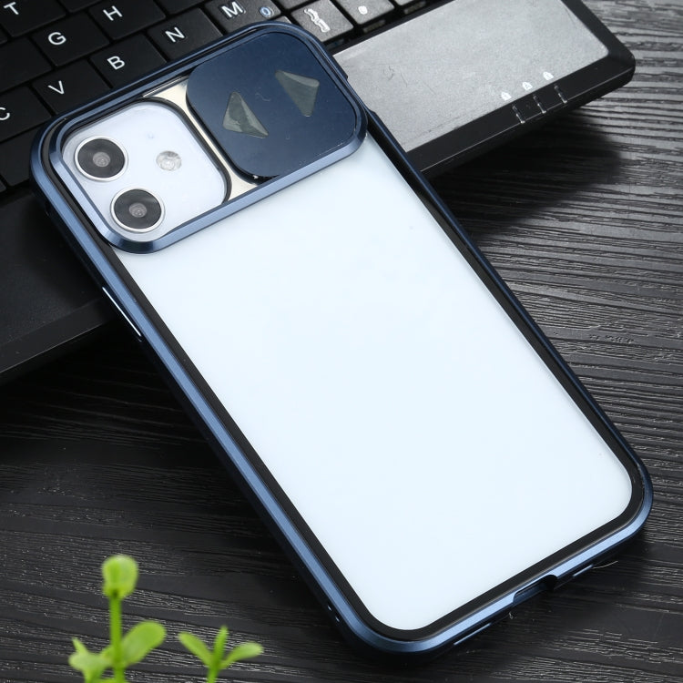 Sliding Lens Cover Mirror Design Four-corner Shockproof Magnetic Metal Frame Double-sided Tempered Glass Case, For iPhone 12 mini, For iPhone 12 / 12 Pro, For iPhone 12 Pro Max