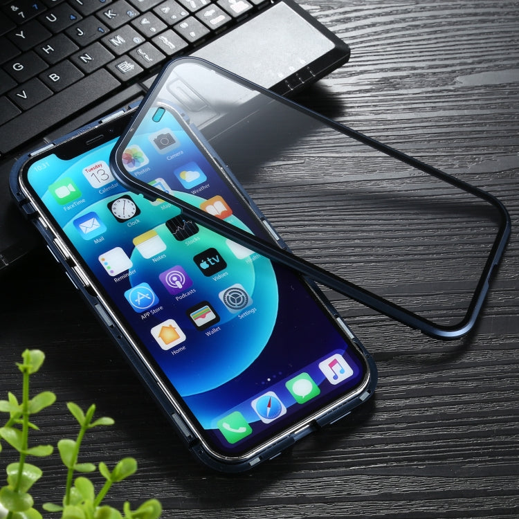 Sliding Lens Cover Mirror Design Four-corner Shockproof Magnetic Metal Frame Double-sided Tempered Glass Case, For iPhone 12 mini, For iPhone 12 / 12 Pro, For iPhone 12 Pro Max