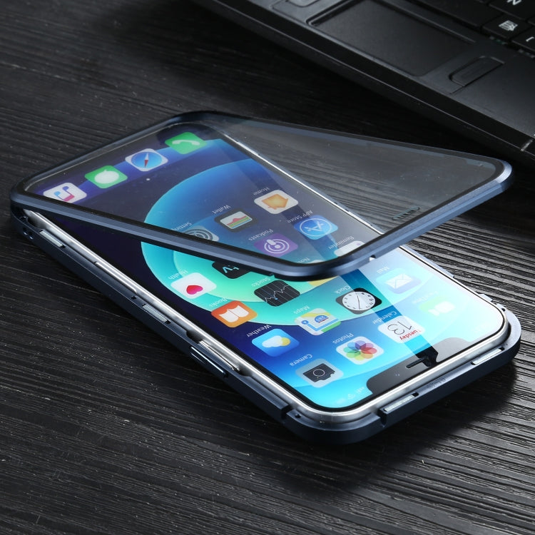 Sliding Lens Cover Mirror Design Four-corner Shockproof Magnetic Metal Frame Double-sided Tempered Glass Case, For iPhone 12 mini, For iPhone 12 / 12 Pro, For iPhone 12 Pro Max