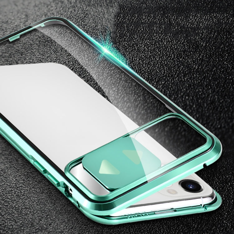 Sliding Lens Cover Mirror Design Four-corner Shockproof Magnetic Metal Frame Double-sided Tempered Glass Case, For iPhone 12 mini, For iPhone 12 / 12 Pro, For iPhone 12 Pro Max