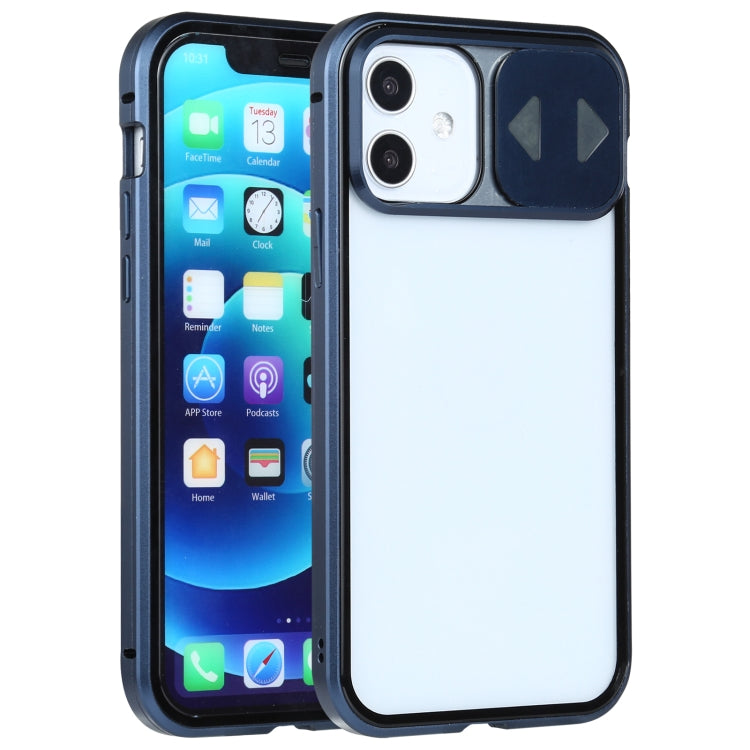 Sliding Lens Cover Mirror Design Four-corner Shockproof Magnetic Metal Frame Double-sided Tempered Glass Case, For iPhone 12 mini, For iPhone 12 / 12 Pro, For iPhone 12 Pro Max