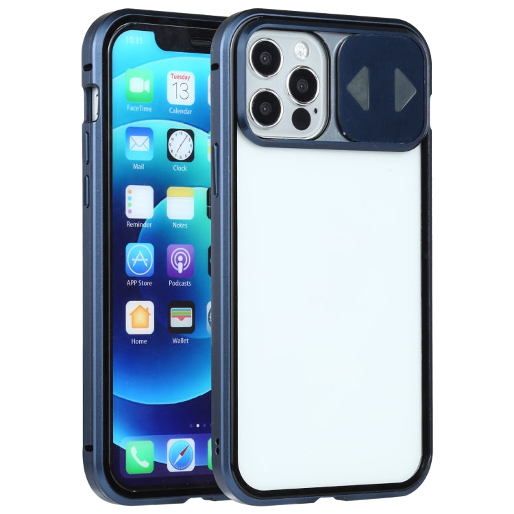 Sliding Lens Cover Mirror Design Four-corner Shockproof Magnetic Metal Frame Double-sided Tempered Glass Case, For iPhone 12 mini, For iPhone 12 / 12 Pro, For iPhone 12 Pro Max