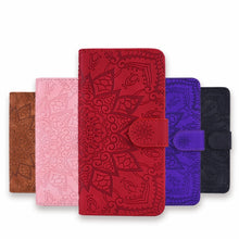 Load image into Gallery viewer, Calf Pattern Mandala Double Folding Design Embossed Leather Case with Wallet &amp; Holder &amp; Card Slots