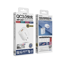 Load image into Gallery viewer, WK WP-U57 Max 18W Maxspeed QC3.0 Fast Charger + USB to 8 Pin Data Cable, US Plug, EU Plug