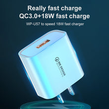 Load image into Gallery viewer, WK WP-U57 Max 18W Maxspeed QC3.0 Fast Charger + USB to 8 Pin Data Cable, US Plug, EU Plug