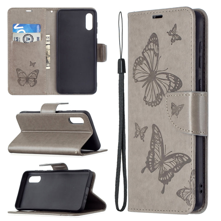 Embossing Two Butterflies Pattern Horizontal Flip PU Leather Case with Holder & Card Slot & Wallet & Lanyard, For Samsung Galaxy A02