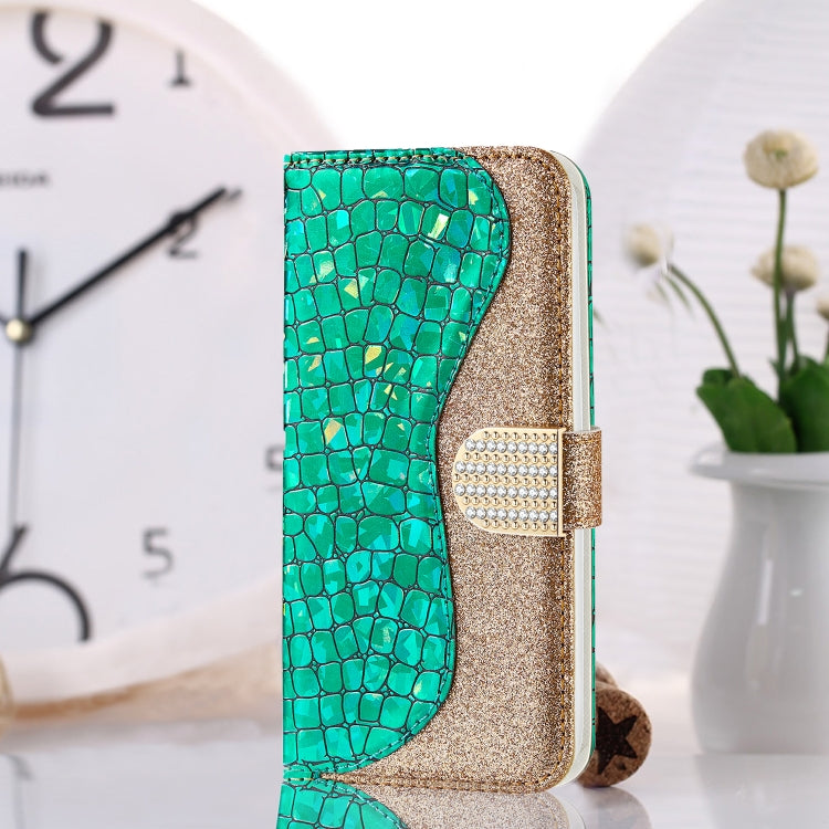 Laser Glitter Powder Matching Crocodile Texture Horizontal Flip Leather Case with Card Slots & Holder & Wallet, For Samsung Galaxy A22 4G, For Samsung Galaxy A22 5G