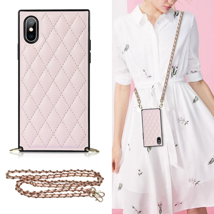 Elegant Rhombic Pattern Microfiber Leather +TPU Shockproof Case with Crossbody Strap Chain, For iPhone SE 2022 / SE 2020 / 8 / 7, For iPhone 8 Plus / 7 Plus, For iPhone X / XS, For iPhone XR, For iPhone XS Max, For iPhone 11, For iPhone 11 Pro         ...