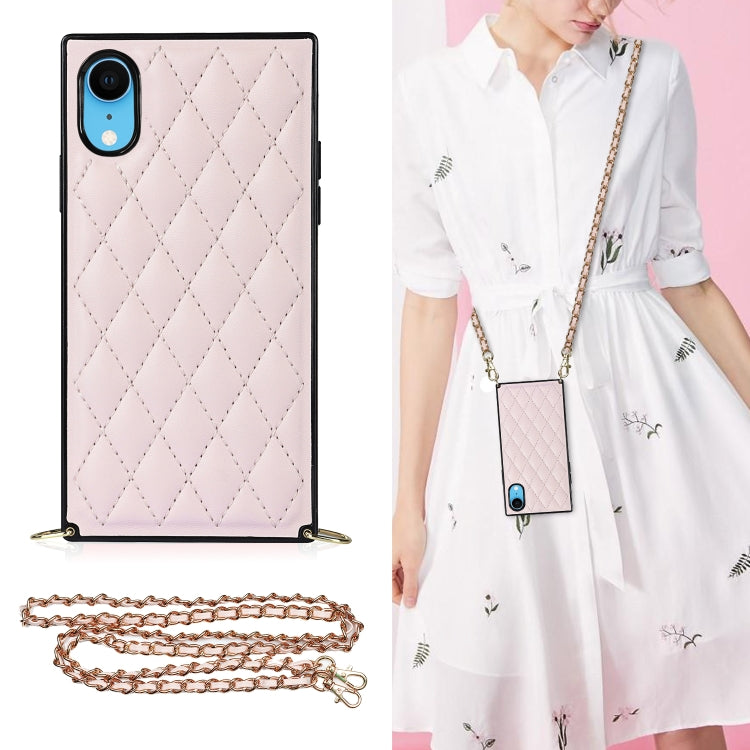 Elegant Rhombic Pattern Microfiber Leather +TPU Shockproof Case with Crossbody Strap Chain, For iPhone SE 2022 / SE 2020 / 8 / 7, For iPhone 8 Plus / 7 Plus, For iPhone X / XS, For iPhone XR, For iPhone XS Max, For iPhone 11, For iPhone 11 Pro         ...