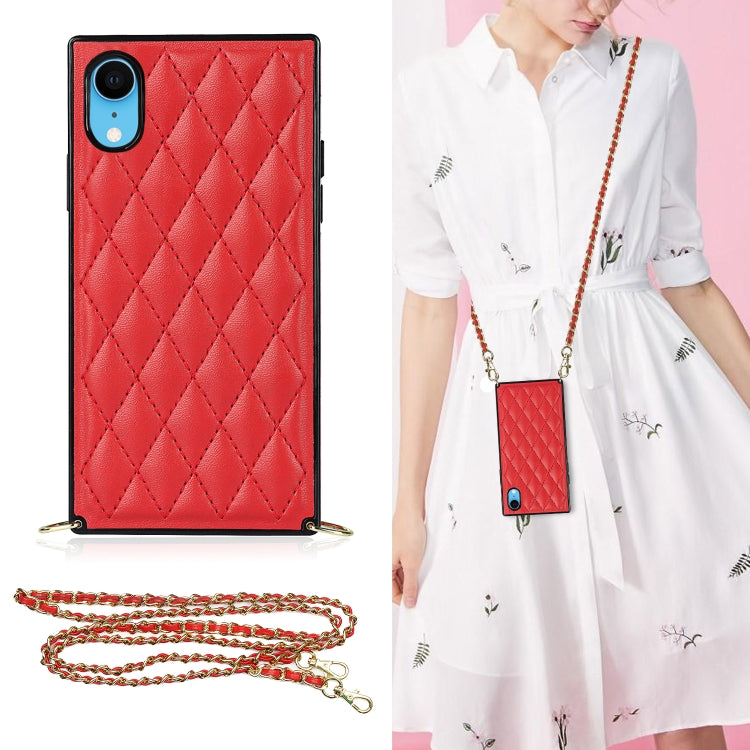 Elegant Rhombic Pattern Microfiber Leather +TPU Shockproof Case with Crossbody Strap Chain, For iPhone SE 2022 / SE 2020 / 8 / 7, For iPhone 8 Plus / 7 Plus, For iPhone X / XS, For iPhone XR, For iPhone XS Max, For iPhone 11, For iPhone 11 Pro         ...