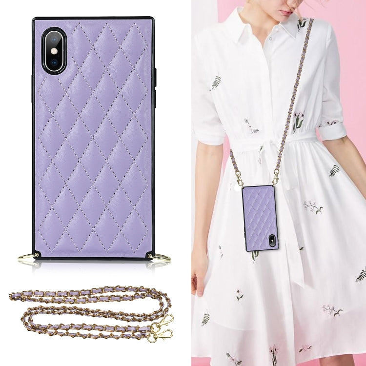 Elegant Rhombic Pattern Microfiber Leather +TPU Shockproof Case with Crossbody Strap Chain, For iPhone SE 2022 / SE 2020 / 8 / 7, For iPhone 8 Plus / 7 Plus, For iPhone X / XS, For iPhone XR, For iPhone XS Max, For iPhone 11, For iPhone 11 Pro         ...
