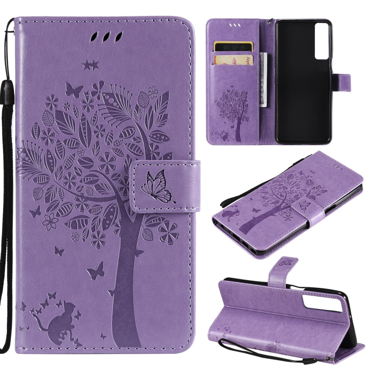 Tree & Cat Pattern Pressed Printing Horizontal Flip PU Leather Case with Holder & Card Slots & Wallet & Lanyard, For LG Stylo 7 5G / 4G, For OPPO F19 / A74 4G, For OPPO A93 5G / A74 5G, For OPPO A94 4G / F19 Pro / Reno 5F