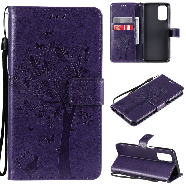 Tree & Cat Pattern Pressed Printing Horizontal Flip PU Leather Case with Holder & Card Slots & Wallet & Lanyard, For LG Stylo 7 5G / 4G, For OPPO F19 / A74 4G, For OPPO A93 5G / A74 5G, For OPPO A94 4G / F19 Pro / Reno 5F