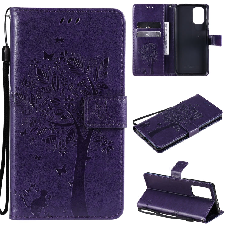 Tree & Cat Pattern Pressed Printing Horizontal Flip PU Leather Case with Holder & Card Slots & Wallet & Lanyard, For Xiaomi Redmi Note 10 4G, For Xiaomi Redmi Note 10 Pro, For Samsung Galaxy A32 4G, For Samsung Galaxy S21 FE