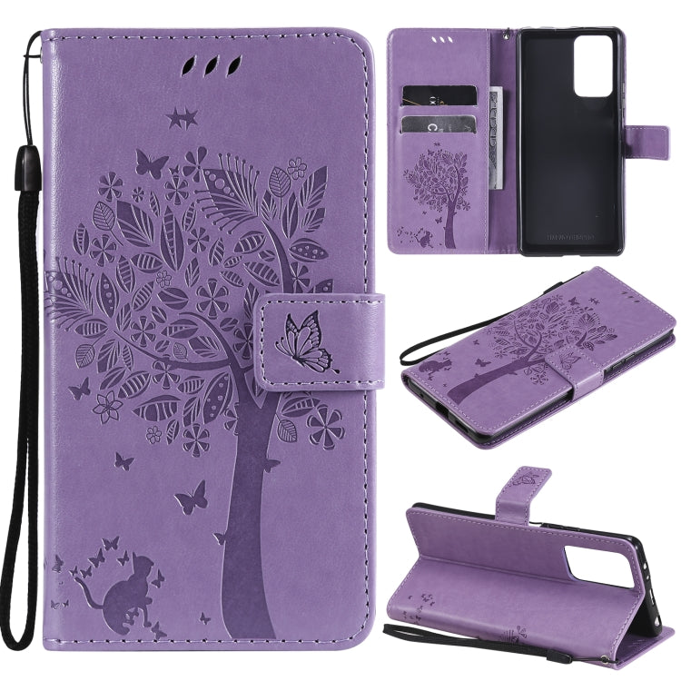 Tree & Cat Pattern Pressed Printing Horizontal Flip PU Leather Case with Holder & Card Slots & Wallet & Lanyard, For Xiaomi Redmi Note 10 4G, For Xiaomi Redmi Note 10 Pro, For Samsung Galaxy A32 4G, For Samsung Galaxy S21 FE