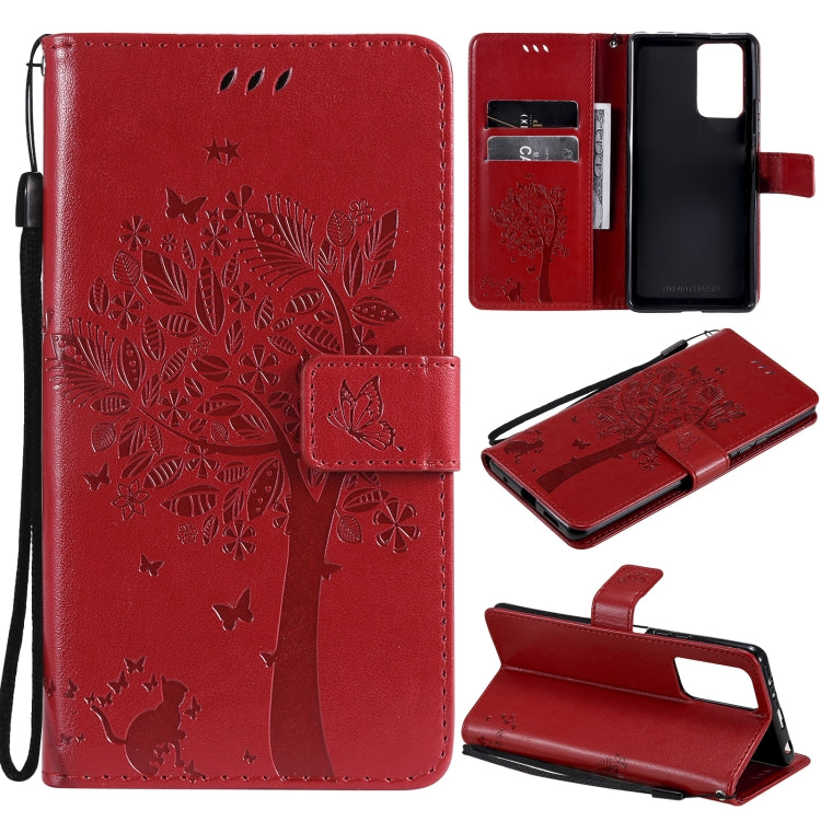 Tree & Cat Pattern Pressed Printing Horizontal Flip PU Leather Case with Holder & Card Slots & Wallet & Lanyard, For Xiaomi Redmi Note 10 4G, For Xiaomi Redmi Note 10 Pro, For Samsung Galaxy A32 4G, For Samsung Galaxy S21 FE