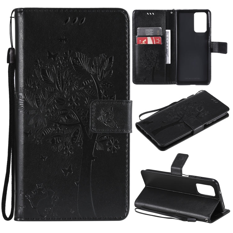 Tree & Cat Pattern Pressed Printing Horizontal Flip PU Leather Case with Holder & Card Slots & Wallet & Lanyard, For Xiaomi Redmi Note 10 4G, For Xiaomi Redmi Note 10 Pro, For Samsung Galaxy A32 4G, For Samsung Galaxy S21 FE