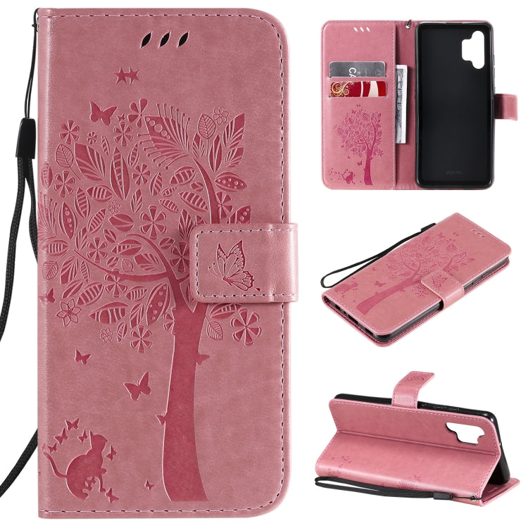 Tree & Cat Pattern Pressed Printing Horizontal Flip PU Leather Case with Holder & Card Slots & Wallet & Lanyard, For Xiaomi Redmi Note 10 4G, For Xiaomi Redmi Note 10 Pro, For Samsung Galaxy A32 4G, For Samsung Galaxy S21 FE