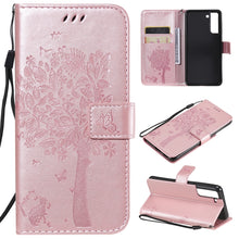 Load image into Gallery viewer, Tree &amp; Cat Pattern Pressed Printing Horizontal Flip PU Leather Case with Holder &amp; Card Slots &amp; Wallet &amp; Lanyard, For Xiaomi Redmi Note 10 4G, For Xiaomi Redmi Note 10 Pro, For Samsung Galaxy A32 4G, For Samsung Galaxy S21 FE