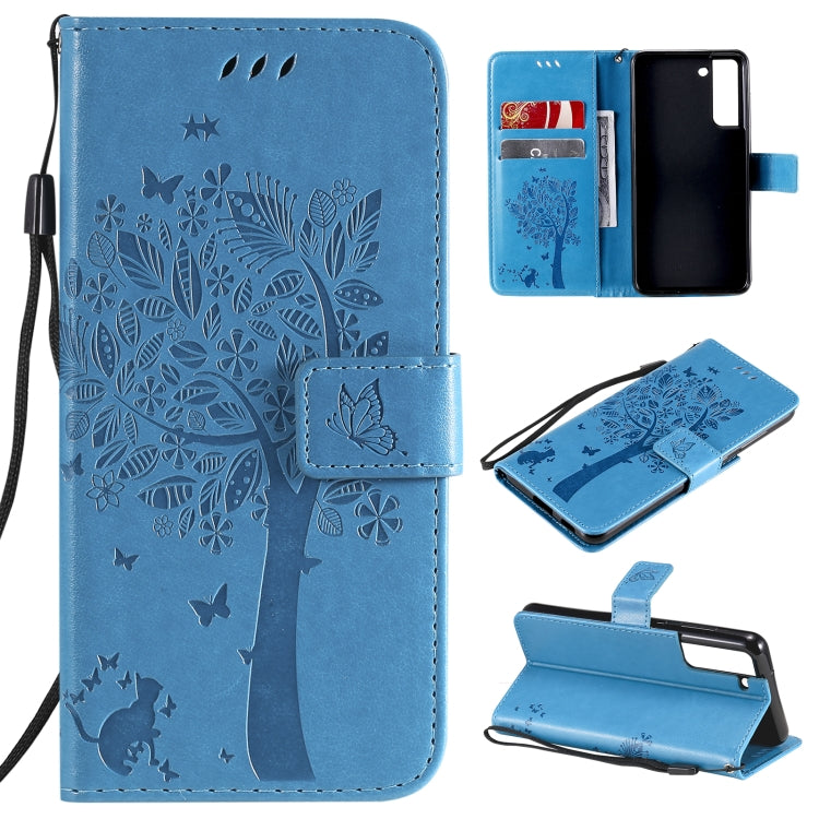 Tree & Cat Pattern Pressed Printing Horizontal Flip PU Leather Case with Holder & Card Slots & Wallet & Lanyard, For Xiaomi Redmi Note 10 4G, For Xiaomi Redmi Note 10 Pro, For Samsung Galaxy A32 4G, For Samsung Galaxy S21 FE