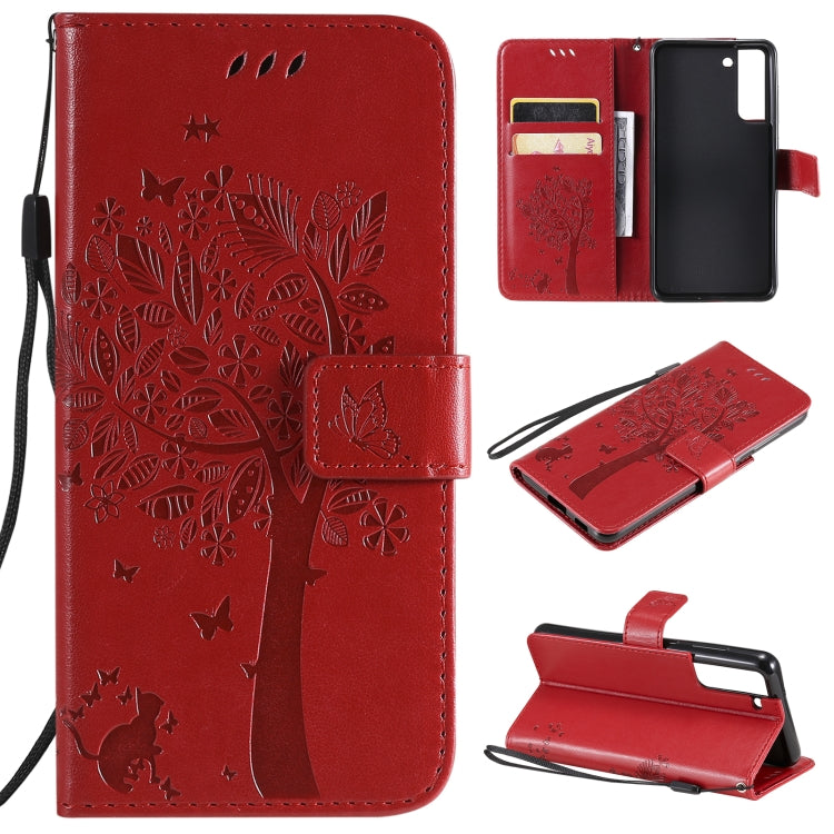 Tree & Cat Pattern Pressed Printing Horizontal Flip PU Leather Case with Holder & Card Slots & Wallet & Lanyard, For Xiaomi Redmi Note 10 4G, For Xiaomi Redmi Note 10 Pro, For Samsung Galaxy A32 4G, For Samsung Galaxy S21 FE