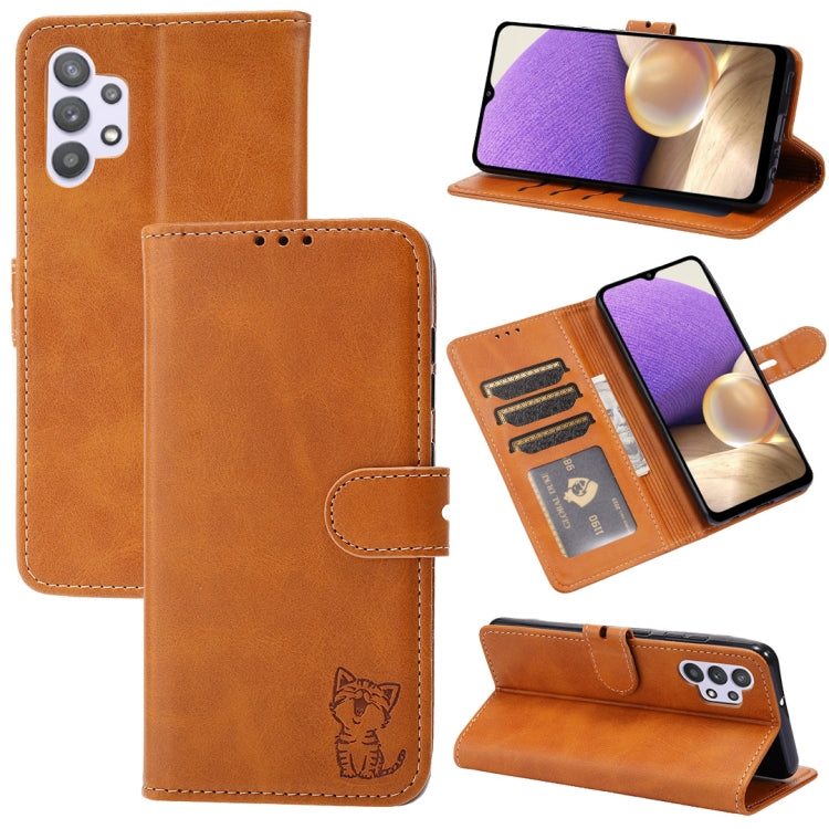 Embossed Happy Cat Pattern Horizontal Flip Leather Case with Holder & Card Slots & Wallet, For Samsung Galaxy S21 FE, For Samsung Galaxy A12, For Samsung Galaxy A22 4G, For Samsung Galaxy A22 5G EU Version, For Samsung Galaxy A32 4G                    ...