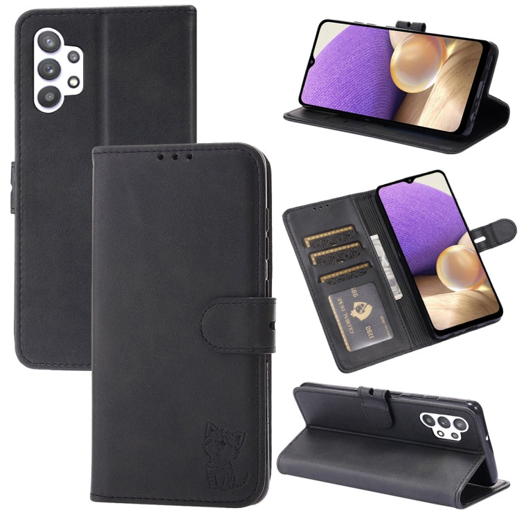 Embossed Happy Cat Pattern Horizontal Flip Leather Case with Holder & Card Slots & Wallet, For Samsung Galaxy S21 FE, For Samsung Galaxy A12, For Samsung Galaxy A22 4G, For Samsung Galaxy A22 5G EU Version, For Samsung Galaxy A32 4G                    ...