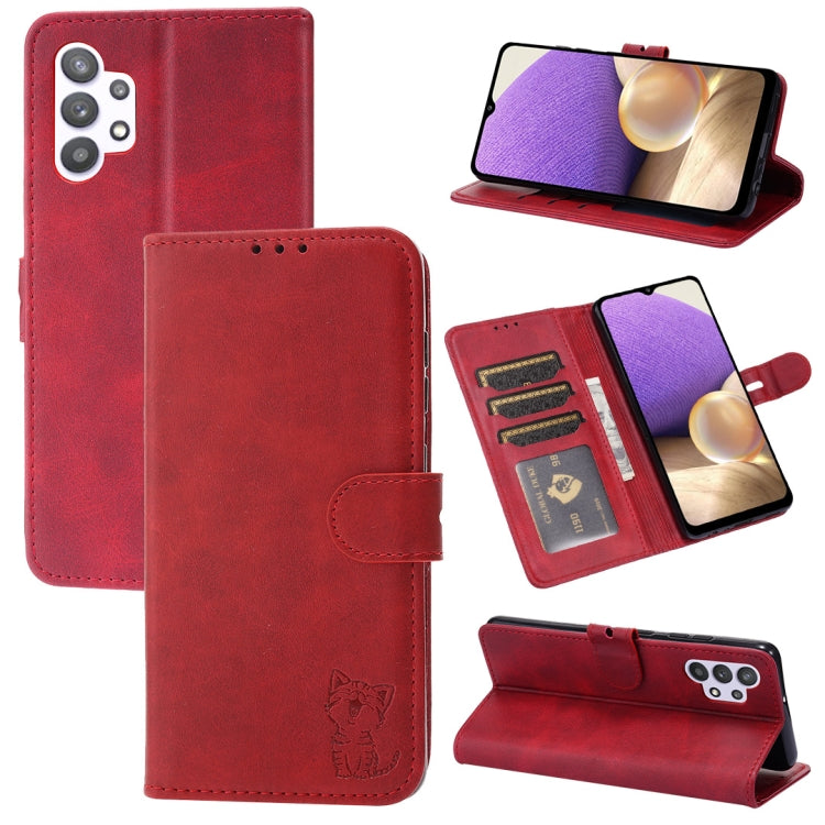 Embossed Happy Cat Pattern Horizontal Flip Leather Case with Holder & Card Slots & Wallet, For Samsung Galaxy S21 FE, For Samsung Galaxy A12, For Samsung Galaxy A22 4G, For Samsung Galaxy A22 5G EU Version, For Samsung Galaxy A32 4G                    ...