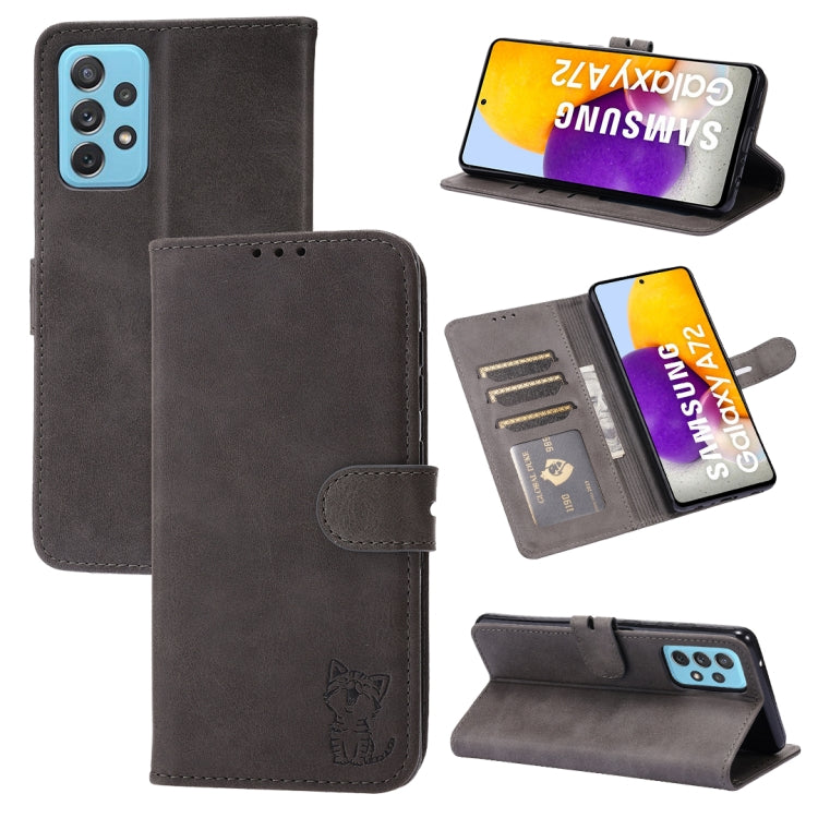 Embossed Happy Cat Pattern Horizontal Flip Leather Case with Holder & Card Slots & Wallet, For Samsung Galaxy S21 FE, For Samsung Galaxy A12, For Samsung Galaxy A22 4G, For Samsung Galaxy A22 5G EU Version, For Samsung Galaxy A32 4G                    ...