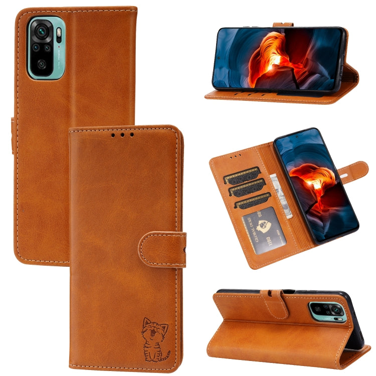 Embossed Happy Cat Pattern Horizontal Flip Leather Case with Holder & Card Slots & Wallet, For Xiaomi Redmi Note 10 4G, For Xiaomi Redmi Note 10 5G, For Xiaomi Redmi Note 10 Pro