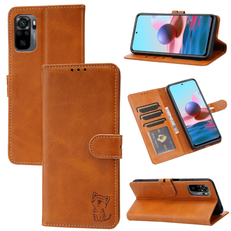 Embossed Happy Cat Pattern Horizontal Flip Leather Case with Holder & Card Slots & Wallet, For Xiaomi Redmi Note 10 4G, For Xiaomi Redmi Note 10 5G, For Xiaomi Redmi Note 10 Pro