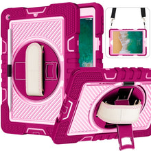 Load image into Gallery viewer, 360 Degree Rotation Contrast Color Shockproof Silicone + PC Case with Holder &amp; Hand Grip Strap &amp; Shoulder Strap, For iPad 9.7 2018 / 2017, For iPad 10.2 2021 / 2020 / 2019, For iPad 10.9 / Pro 11 2020 / 2021 / 2018                                      ...