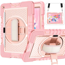 Load image into Gallery viewer, 360 Degree Rotation Contrast Color Shockproof Silicone + PC Case with Holder &amp; Hand Grip Strap &amp; Shoulder Strap, For iPad 9.7 2018 / 2017, For iPad 10.2 2021 / 2020 / 2019, For iPad 10.9 / Pro 11 2020 / 2021 / 2018                                      ...