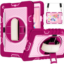 Load image into Gallery viewer, 360 Degree Rotation Contrast Color Shockproof Silicone + PC Case with Holder &amp; Hand Grip Strap &amp; Shoulder Strap, For iPad 9.7 2018 / 2017, For iPad 10.2 2021 / 2020 / 2019, For iPad 10.9 / Pro 11 2020 / 2021 / 2018                                      ...