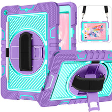 Load image into Gallery viewer, 360 Degree Rotation Contrast Color Shockproof Silicone + PC Case with Holder &amp; Hand Grip Strap &amp; Shoulder Strap, For iPad 9.7 2018 / 2017, For iPad 10.2 2021 / 2020 / 2019, For iPad 10.9 / Pro 11 2020 / 2021 / 2018                                      ...