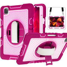 Load image into Gallery viewer, 360 Degree Rotation Contrast Color Shockproof Silicone + PC Case with Holder &amp; Hand Grip Strap &amp; Shoulder Strap, For iPad 9.7 2018 / 2017, For iPad 10.2 2021 / 2020 / 2019, For iPad 10.9 / Pro 11 2020 / 2021 / 2018                                      ...
