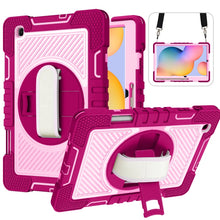 Load image into Gallery viewer, 360 Degree Rotation Contrast Color Shockproof Silicone + PC Case with Holder &amp; Hand Grip Strap &amp; Shoulder Strap, For iPad 9.7 2018 / 2017, For iPad 10.2 2021 / 2020 / 2019, For iPad 10.9 / Pro 11 2020 / 2021 / 2018                                      ...