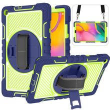 Load image into Gallery viewer, 360 Degree Rotation Contrast Color Shockproof Silicone + PC Case with Holder &amp; Hand Grip Strap &amp; Shoulder Strap, For iPad 9.7 2018 / 2017, For iPad 10.2 2021 / 2020 / 2019, For iPad 10.9 / Pro 11 2020 / 2021 / 2018                                      ...