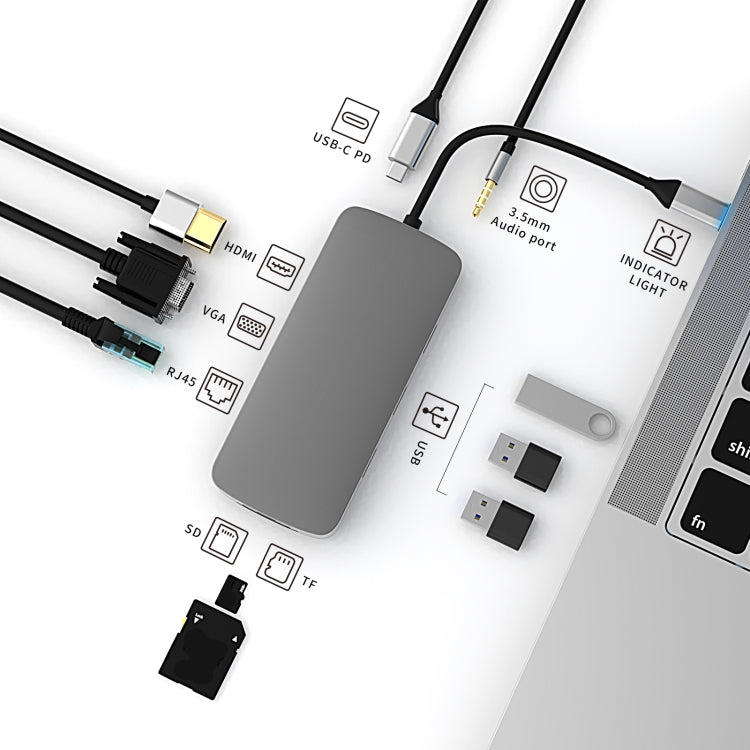 BL10V 10 in 1 USB-C / Type-C to RJ45 + VGA + HDMI + 3.5mm AUX + SD / TF Card Slot + PD USB-C / Type-C + USB 3.0 + 2 USB 2.0 Ports Docking Station HUB, BL10V