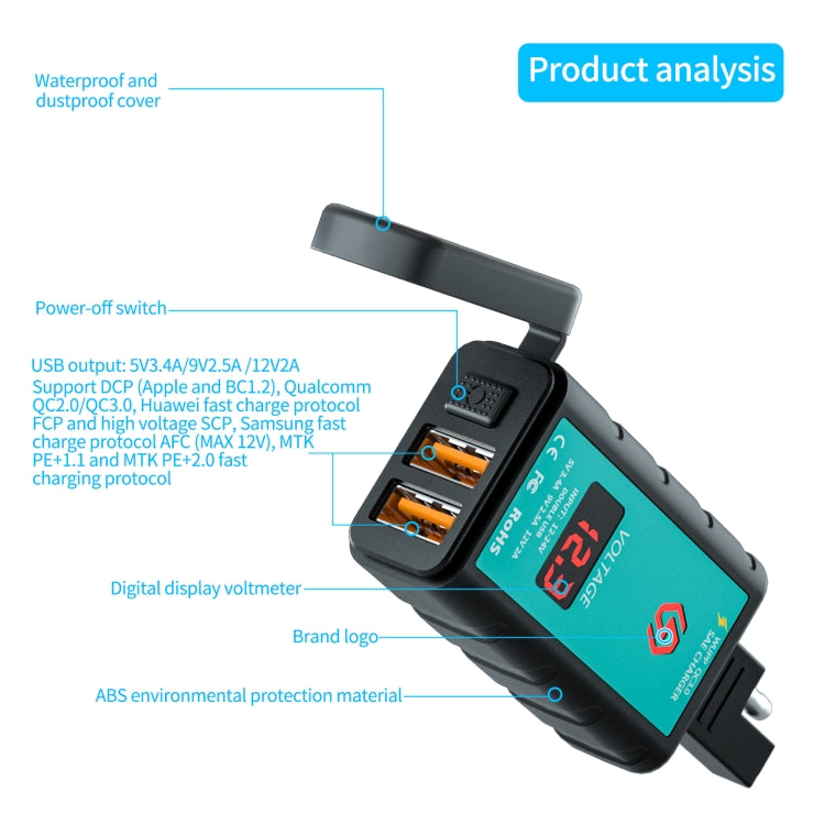 WUPP ZH-1422A3 DC12-24V Motorcycle Square Dual USB Fast Charging Charger with Switch + Voltmeter + Integrated SAE Socket + 1.4m OT Terminal Cable, ZH-1422A3