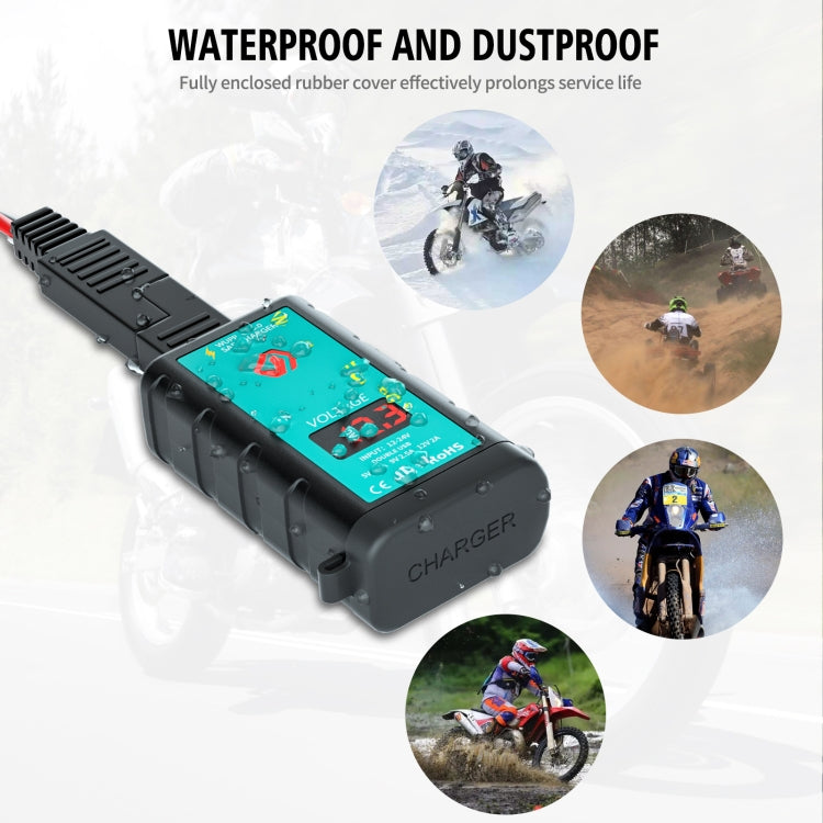 WUPP ZH-1422A3 DC12-24V Motorcycle Square Dual USB Fast Charging Charger with Switch + Voltmeter + Integrated SAE Socket + 1.4m OT Terminal Cable, ZH-1422A3
