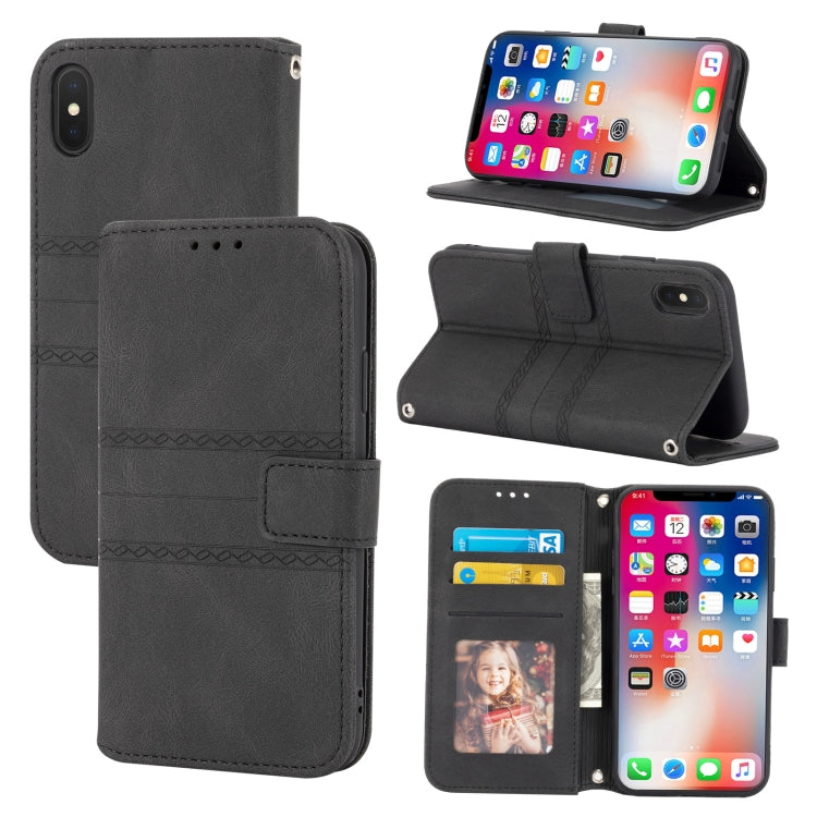 Embossed Striped Magnetic Buckle PU + TPU Horizontal Flip Leather Case with Holder & Card Slot & Wallet & Photo Frame & Sling, For iPhone 11 Pro Max, For iPhone XS / X, For iPhone XS Max, For iPhone XR, For iPhone 8 / 7 / 6                             ...