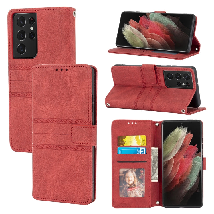 Embossed Striped Magnetic Buckle PU + TPU Horizontal Flip Leather Case with Holder & Card Slot & Wallet & Photo Frame & Sling, For Samsung Galaxy S20 FE 5G, For Samsung Galaxy S21 5G, For Samsung Galaxy S21+ 5G, For Samsung Galaxy S21 Ultra 5G         ...