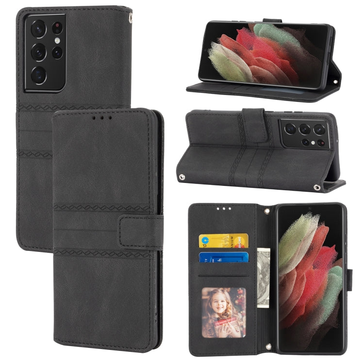 Embossed Striped Magnetic Buckle PU + TPU Horizontal Flip Leather Case with Holder & Card Slot & Wallet & Photo Frame & Sling, For Samsung Galaxy S20 FE 5G, For Samsung Galaxy S21 5G, For Samsung Galaxy S21+ 5G, For Samsung Galaxy S21 Ultra 5G         ...