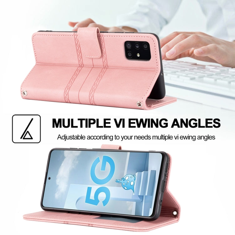 Embossed Striped Magnetic Buckle PU + TPU Horizontal Flip Leather Case with Holder & Card Slot & Wallet & Photo Frame & Sling, For Samsung Galaxy A71, For Samsung Galaxy A12 5G, For Samsung Galaxy A22 4G, For Samsung Galaxy A22 5G                      ...