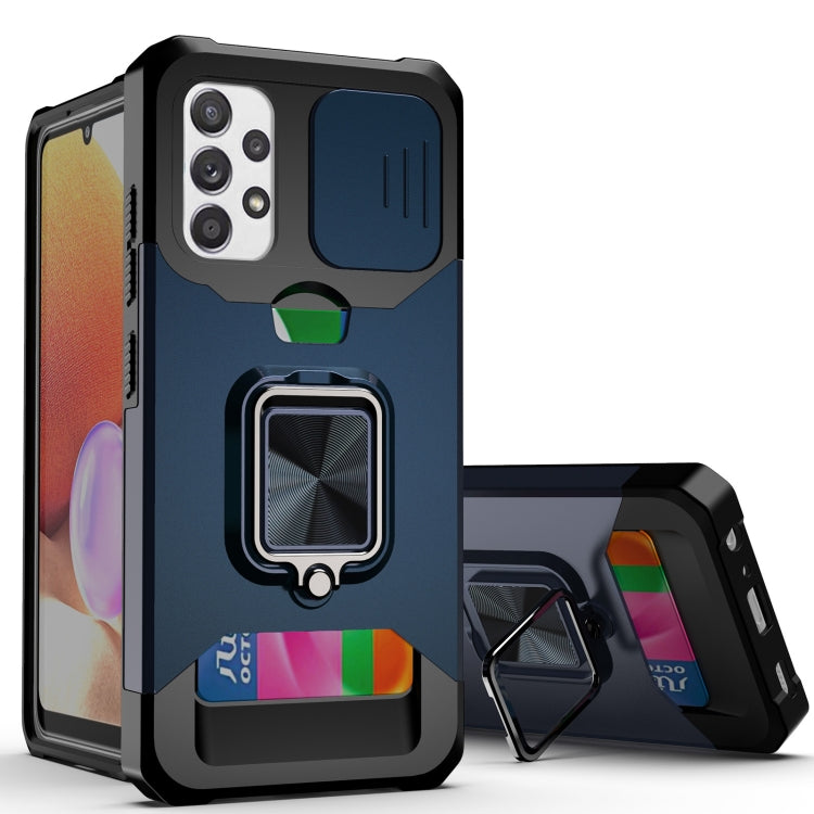 Sliding Camera Cover Design PC + TPU Shockproof Case with Ring Holder & Card Slot, For Samsung Galaxy A32 4G