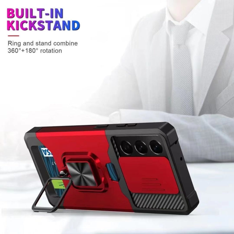 Sliding Camera Cover Design PC + TPU Shockproof Case with Ring Holder & Card Slot, For Samsung Galaxy S21 Ultra 5G