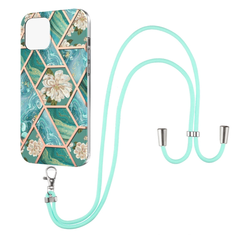 Electroplating Splicing Marble Flower Pattern TPU Shockproof Case with Lanyard, For iPhone 13 mini, For iPhone 13, For iPhone 13 Pro, For iPhone 13 Pro Max, For iPhone 12 mini, For iPhone 12 / 12 Pro, For iPhone 12 Pro Max, For iPhone 11               ...